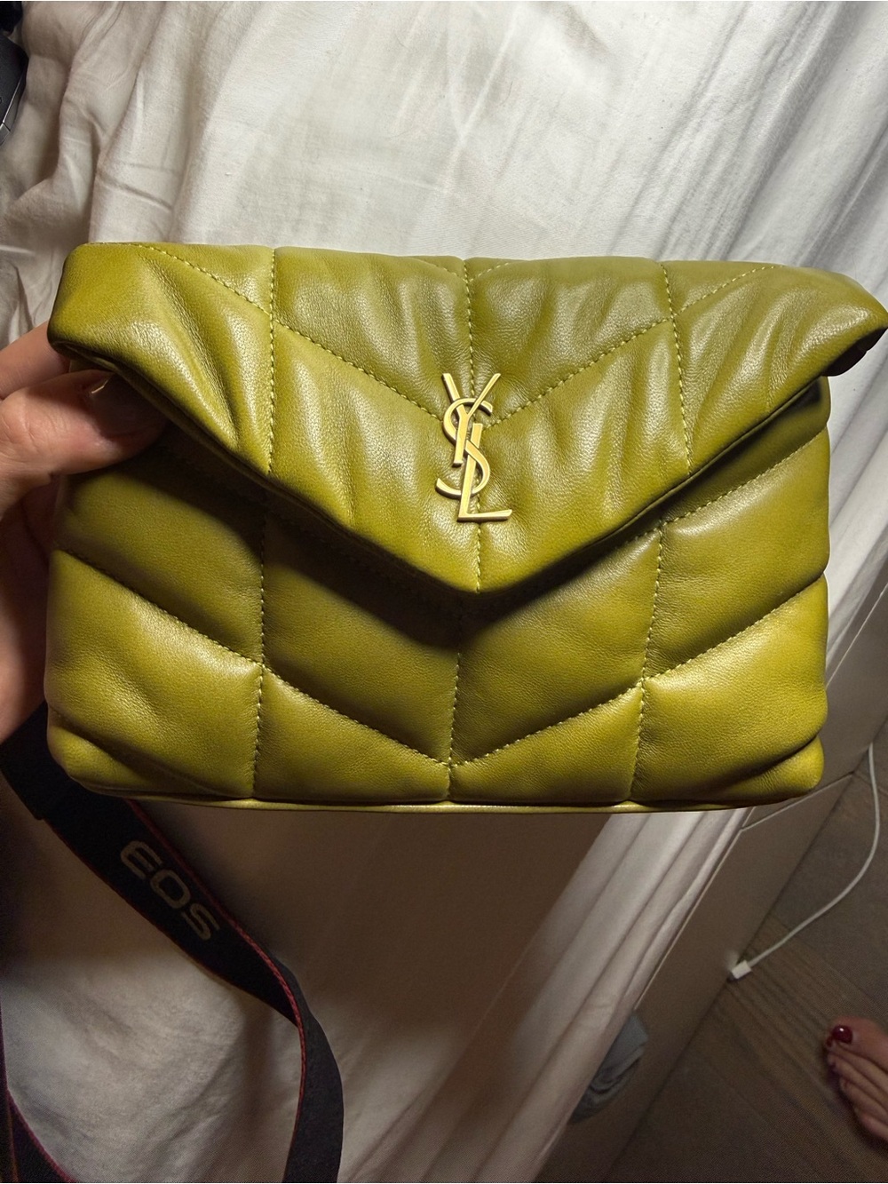RARE!!! YSL Saint Laurent Olive Green Lambskin Quilted Puffer Pouch Clutch